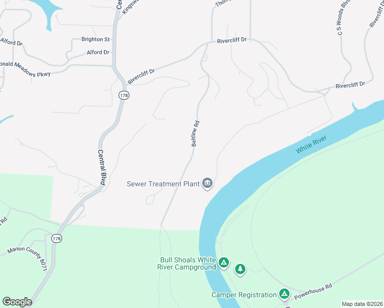 map of restaurants, bars, coffee shops, grocery stores, and more near Beltline Road in Bull Shoals