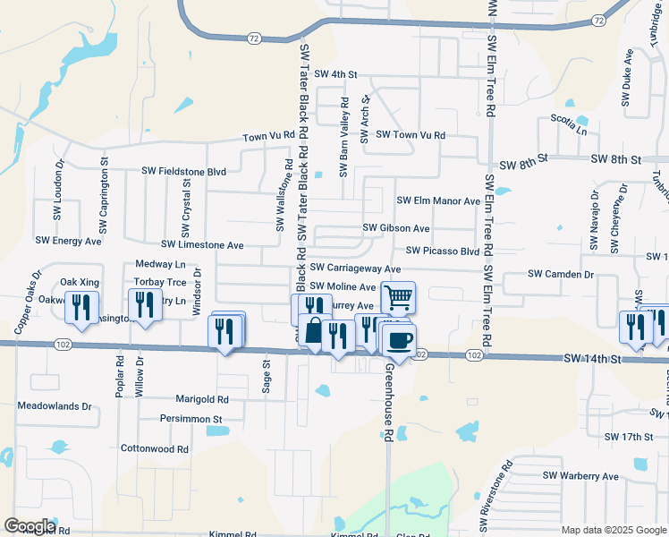 map of restaurants, bars, coffee shops, grocery stores, and more near 3806 Southwest Carriageway Avenue in Bentonville