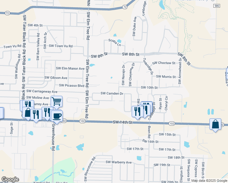 map of restaurants, bars, coffee shops, grocery stores, and more near 3002 Southwest Camden Drive in Bentonville