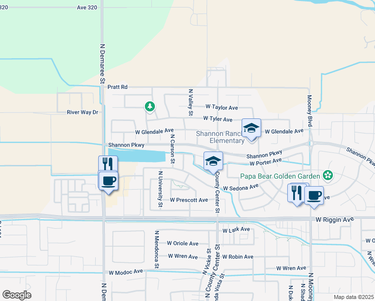 map of restaurants, bars, coffee shops, grocery stores, and more near 2930 West Porter Avenue in Visalia