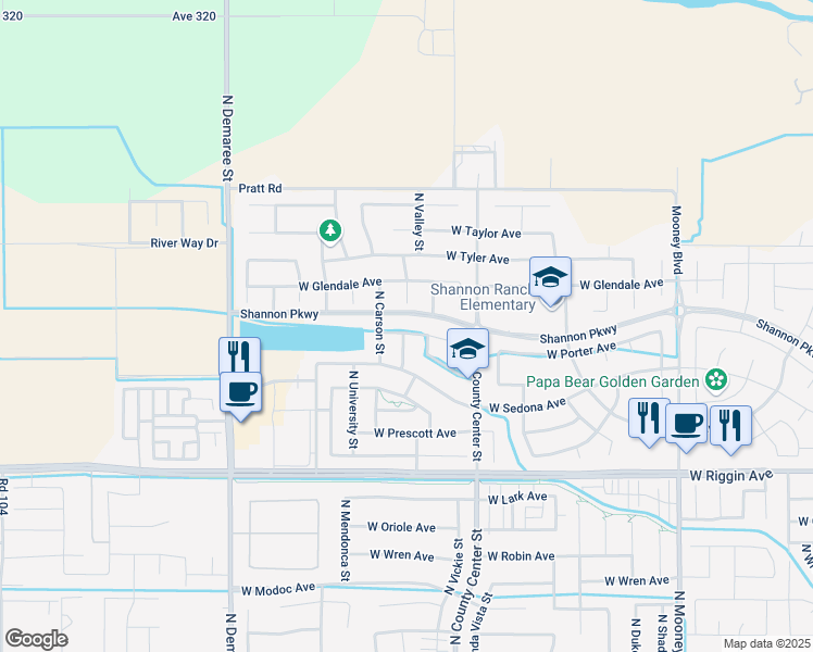 map of restaurants, bars, coffee shops, grocery stores, and more near 2930 West Porter Avenue in Visalia