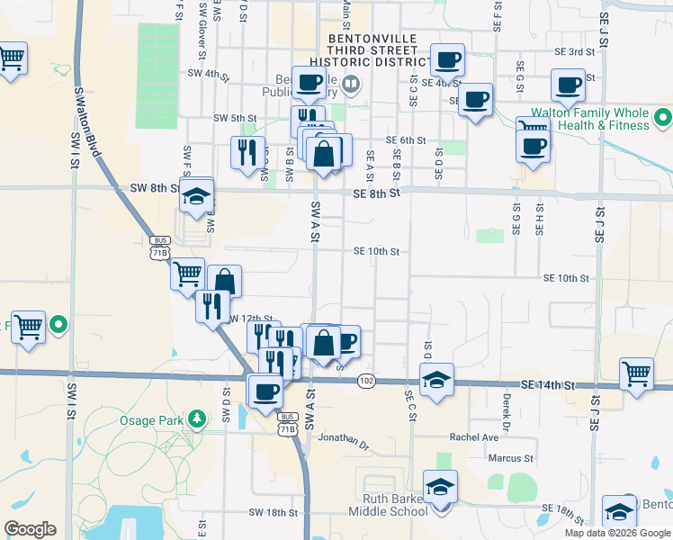 map of restaurants, bars, coffee shops, grocery stores, and more near 1001-1003 South Main Street in Bentonville