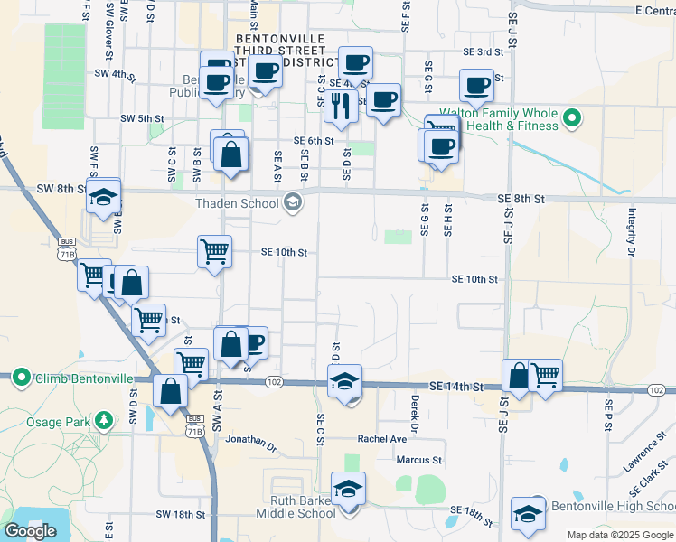 map of restaurants, bars, coffee shops, grocery stores, and more near 417 Southwest 10th Street in Bentonville