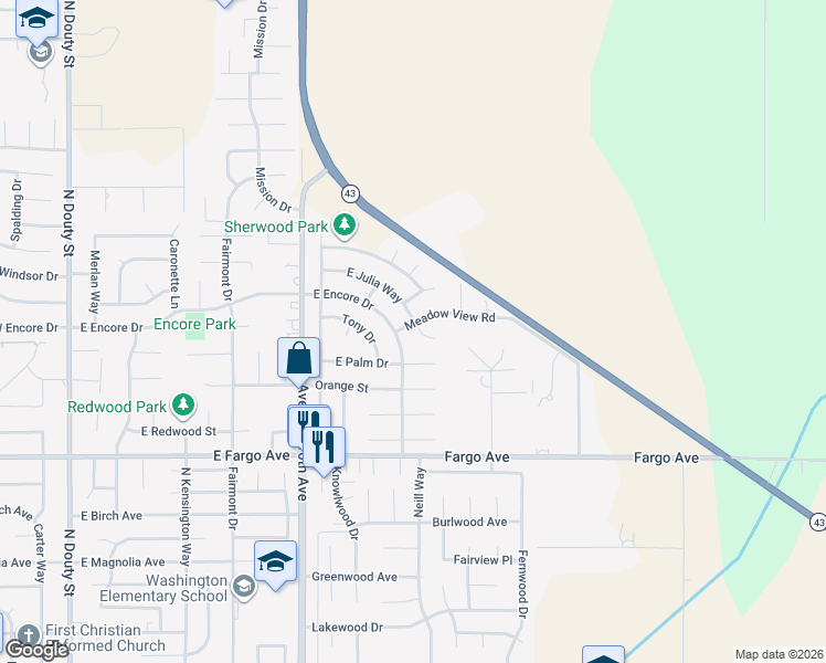 map of restaurants, bars, coffee shops, grocery stores, and more near 901 Meadow View Road in Hanford