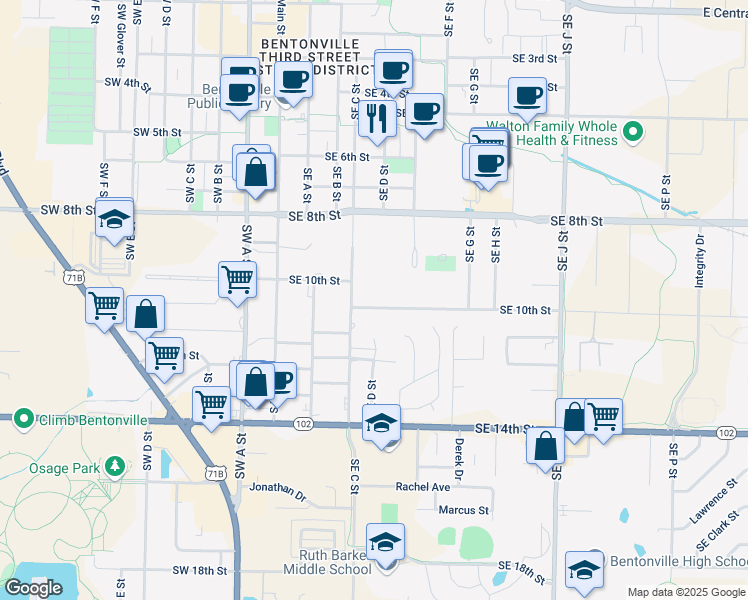 map of restaurants, bars, coffee shops, grocery stores, and more near 417 Southwest 10th Street in Bentonville
