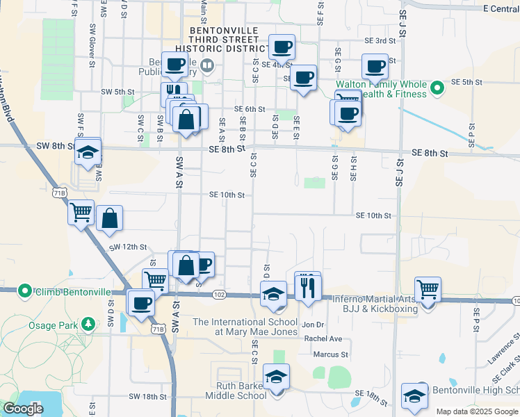map of restaurants, bars, coffee shops, grocery stores, and more near in Bentonville