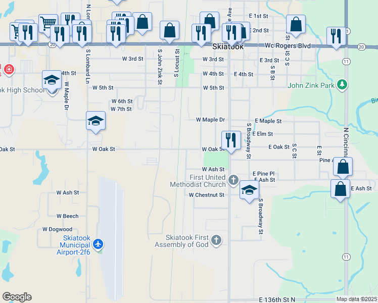 map of restaurants, bars, coffee shops, grocery stores, and more near 801 S Russell St in Skiatook
