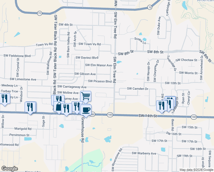 map of restaurants, bars, coffee shops, grocery stores, and more near 3301 Southwest Picasso Boulevard in Bentonville