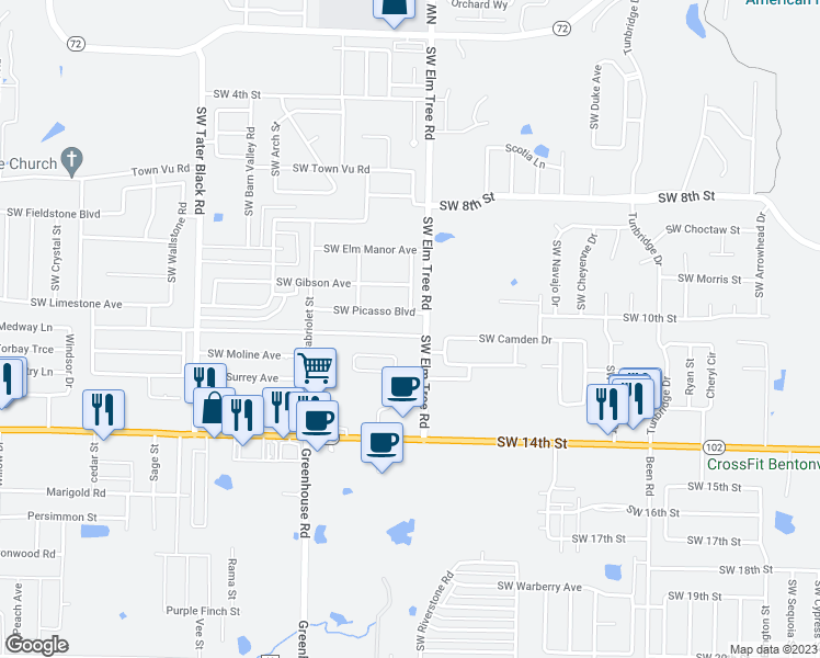 map of restaurants, bars, coffee shops, grocery stores, and more near 3304 Southwest Carriageway Avenue in Bentonville