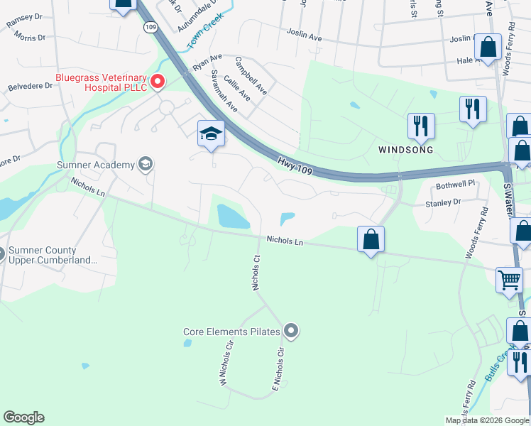 map of restaurants, bars, coffee shops, grocery stores, and more near 376 Quarry Road in Gallatin