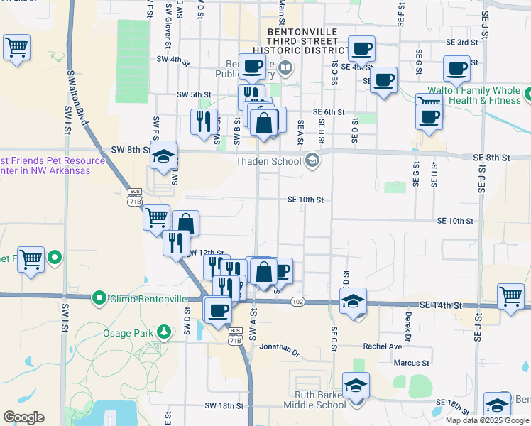 map of restaurants, bars, coffee shops, grocery stores, and more near 1006 Southwest A Street in Bentonville