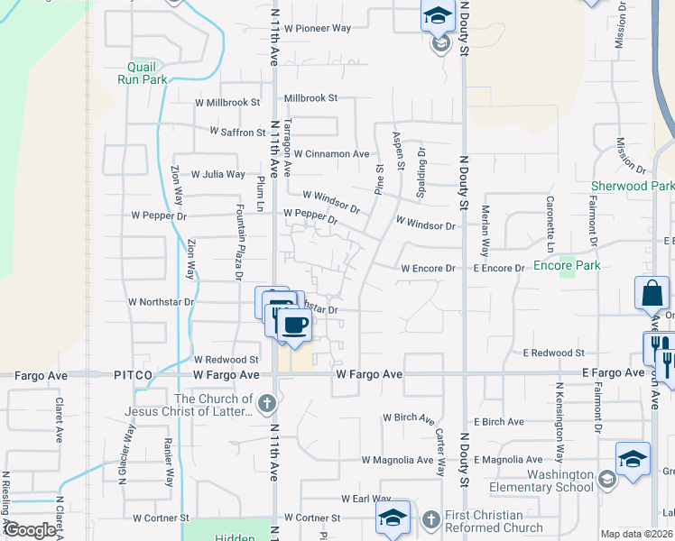 map of restaurants, bars, coffee shops, grocery stores, and more near 500 Northstar Drive in Hanford