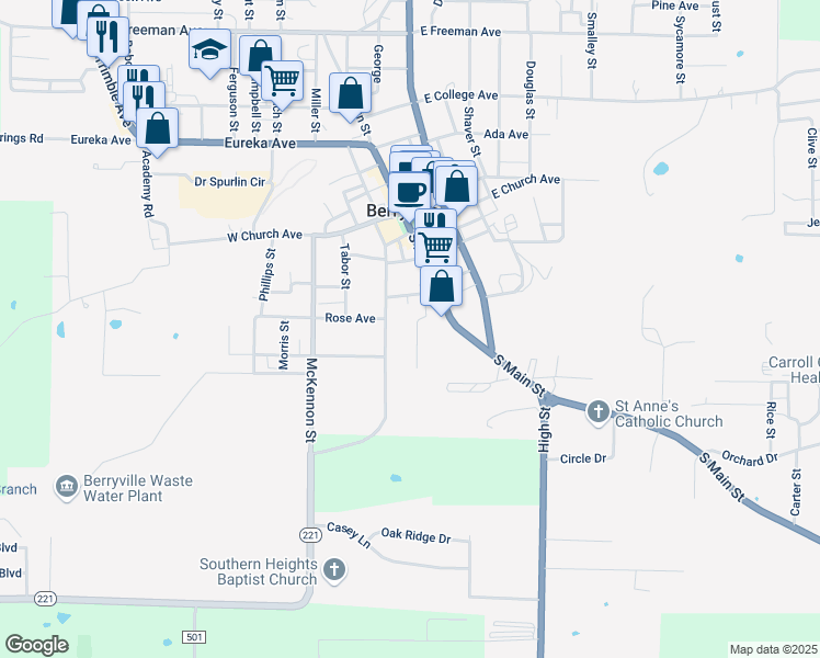 map of restaurants, bars, coffee shops, grocery stores, and more near 405 Bohannon Street in Berryville