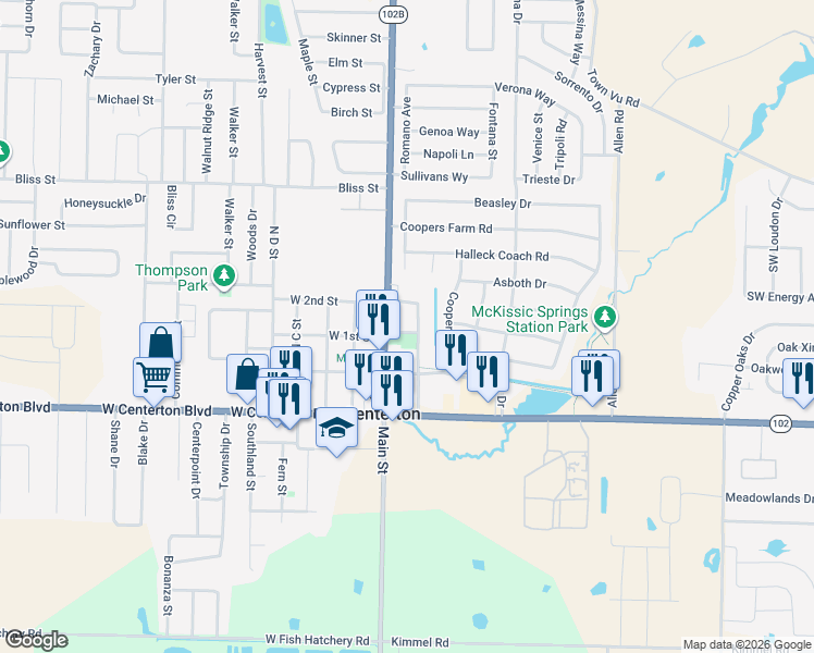 map of restaurants, bars, coffee shops, grocery stores, and more near 194 East 1st Street in Centerton