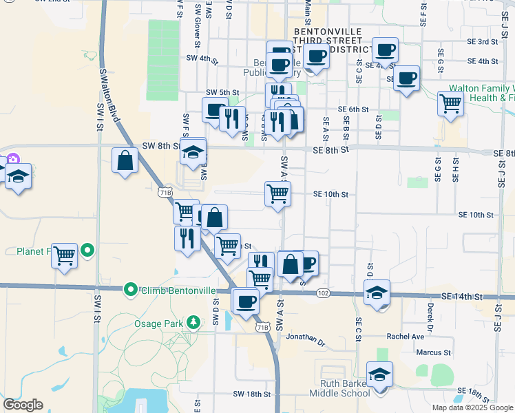 map of restaurants, bars, coffee shops, grocery stores, and more near 304 Southwest 11th Street in Bentonville