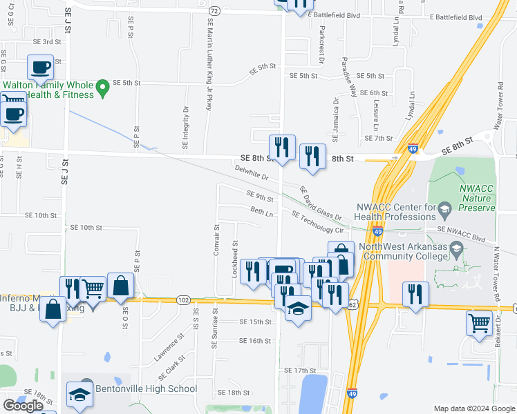 map of restaurants, bars, coffee shops, grocery stores, and more near 2303 Beth Lane in Bentonville