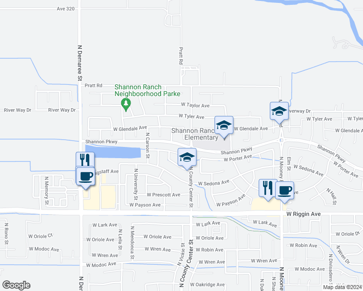 map of restaurants, bars, coffee shops, grocery stores, and more near Shannon Pkwy in Visalia