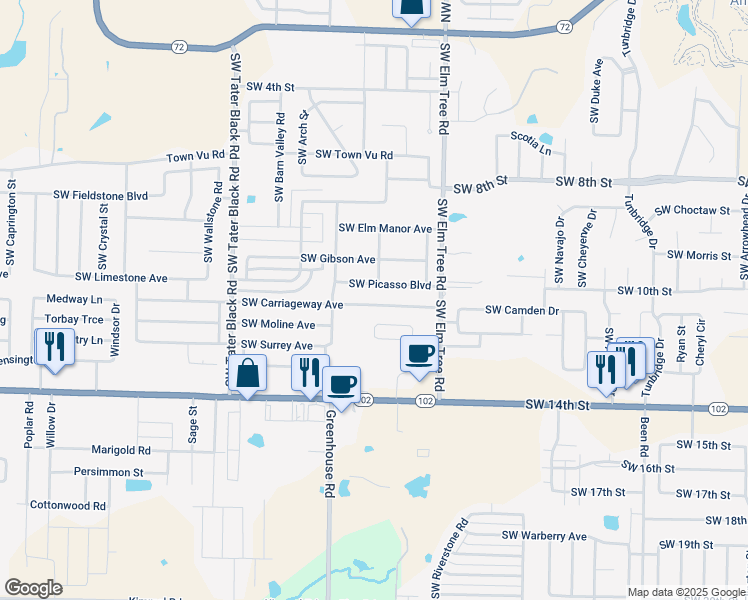 map of restaurants, bars, coffee shops, grocery stores, and more near 3413 Southwest Picasso Boulevard in Bentonville