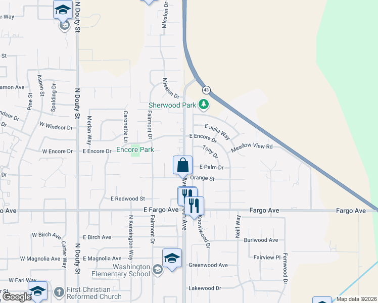 map of restaurants, bars, coffee shops, grocery stores, and more near 7767 10th Avenue in Hanford