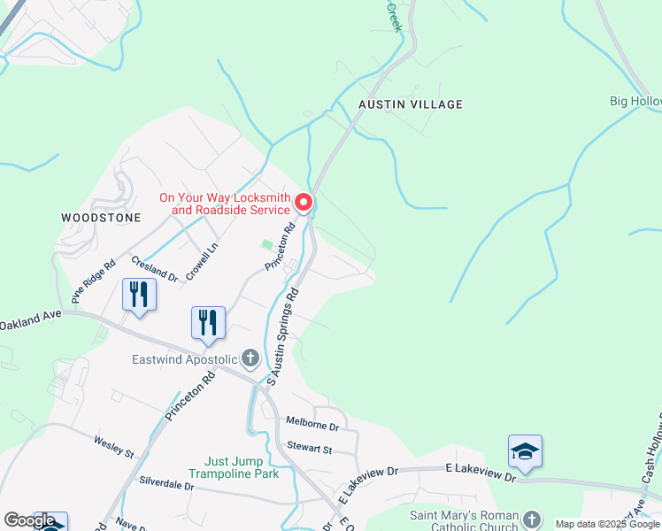 map of restaurants, bars, coffee shops, grocery stores, and more near 202 South Austin Springs Road in Johnson City