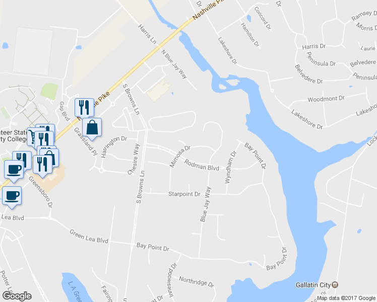 map of restaurants, bars, coffee shops, grocery stores, and more near 121 Mimosa Dr in Gallatin