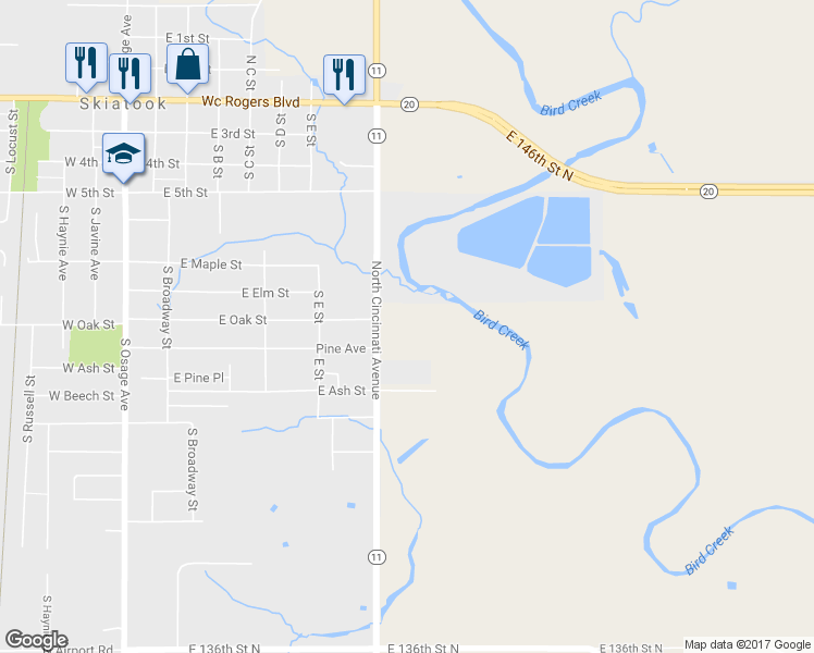 map of restaurants, bars, coffee shops, grocery stores, and more near 14305 North Cincinnati Avenue in Skiatook