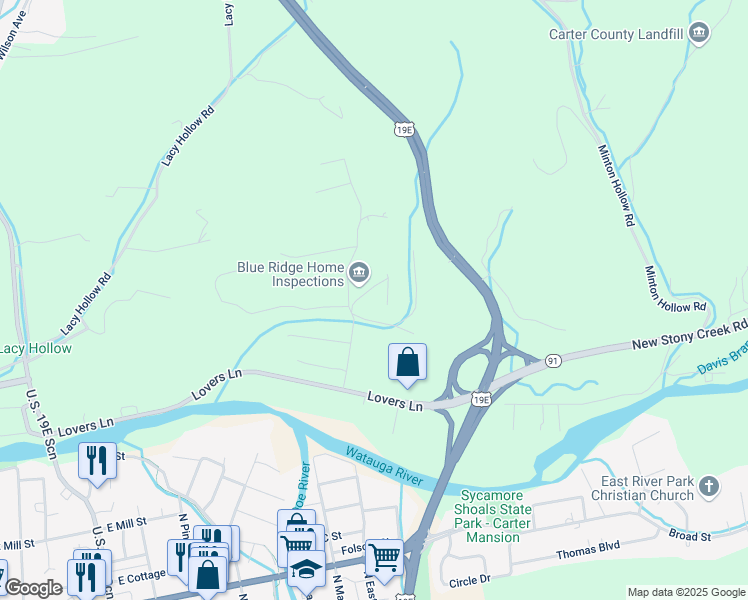 map of restaurants, bars, coffee shops, grocery stores, and more near 102 Suncrest Drive in Elizabethton