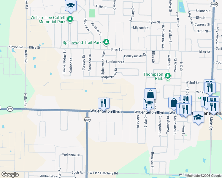 map of restaurants, bars, coffee shops, grocery stores, and more near 1100 West Centerton Boulevard in Centerton