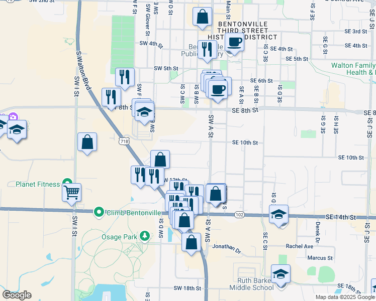 map of restaurants, bars, coffee shops, grocery stores, and more near 304 Southwest 11th Street in Bentonville