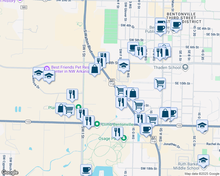 map of restaurants, bars, coffee shops, grocery stores, and more near 1002 S Walton Blvd in Bentonville