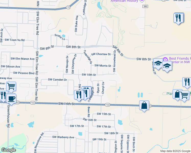 map of restaurants, bars, coffee shops, grocery stores, and more near 2503 Southwest 10th Street in Bentonville