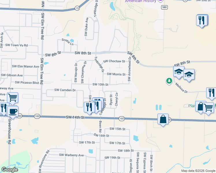 map of restaurants, bars, coffee shops, grocery stores, and more near 2503 Southwest 10th Street in Bentonville