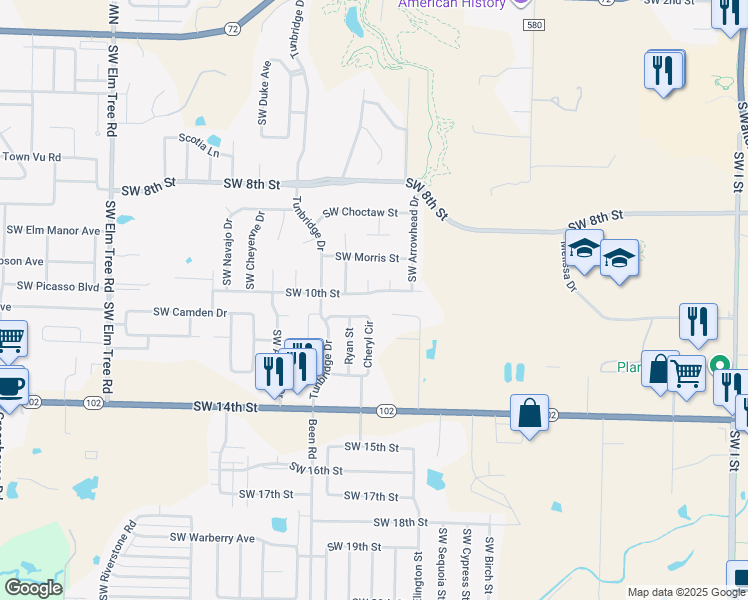 map of restaurants, bars, coffee shops, grocery stores, and more near 2307 Southwest 10th Street in Bentonville