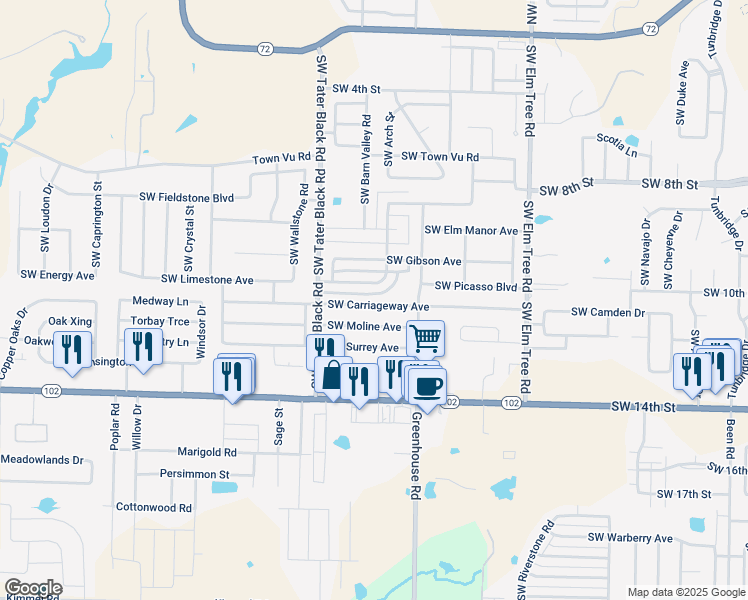 map of restaurants, bars, coffee shops, grocery stores, and more near 3806 Southwest Carriageway Avenue in Bentonville