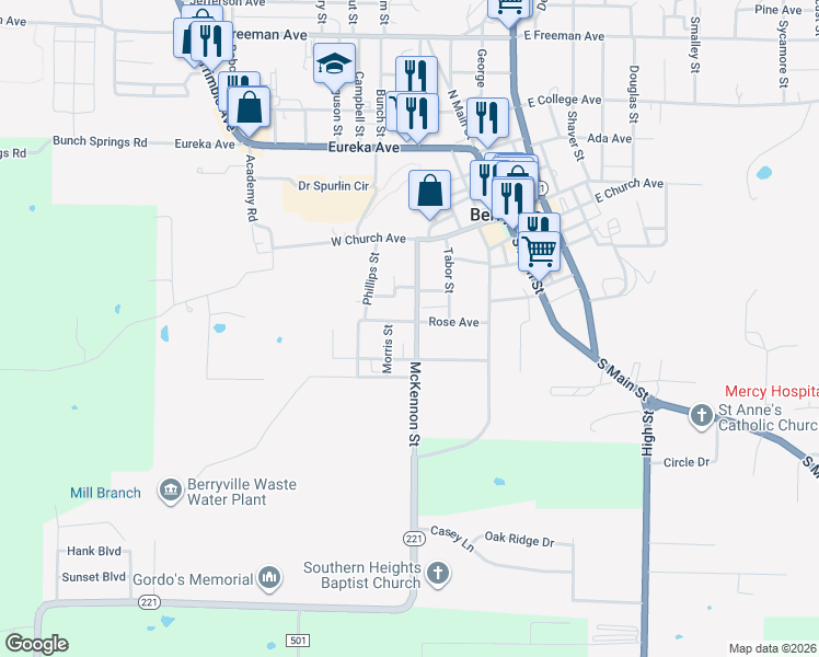 map of restaurants, bars, coffee shops, grocery stores, and more near 402 McKennon Street in Berryville