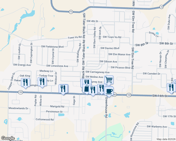 map of restaurants, bars, coffee shops, grocery stores, and more near 4000 Southwest Carriageway Avenue in Bentonville