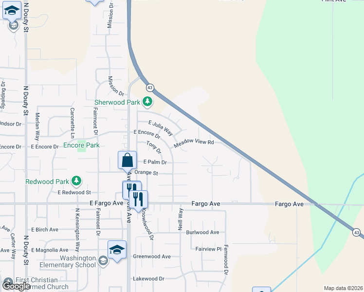 map of restaurants, bars, coffee shops, grocery stores, and more near 901 Meadow View Road in Hanford