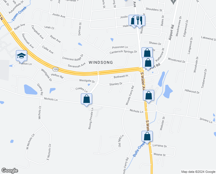 map of restaurants, bars, coffee shops, grocery stores, and more near 177 Stanley Drive in Gallatin