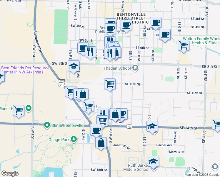 map of restaurants, bars, coffee shops, grocery stores, and more near 1006 Southwest A Street in Bentonville