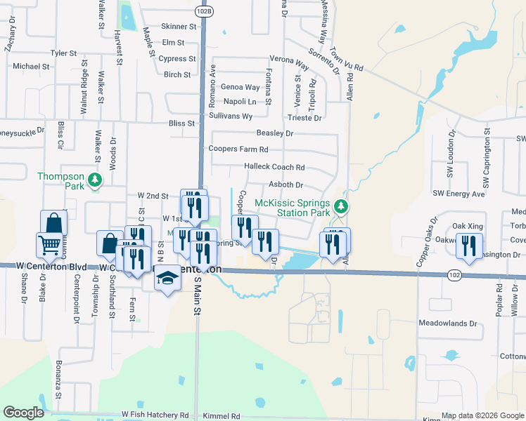 map of restaurants, bars, coffee shops, grocery stores, and more near 300 Division Street in Centerton