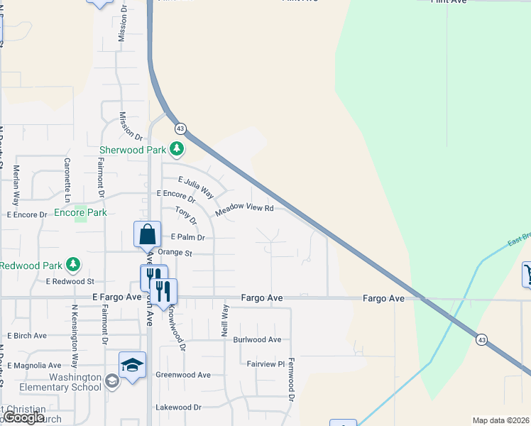 map of restaurants, bars, coffee shops, grocery stores, and more near 1019 Meadow View Road in Hanford