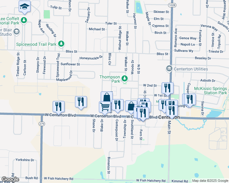 map of restaurants, bars, coffee shops, grocery stores, and more near 311 Commercial Street in Centerton