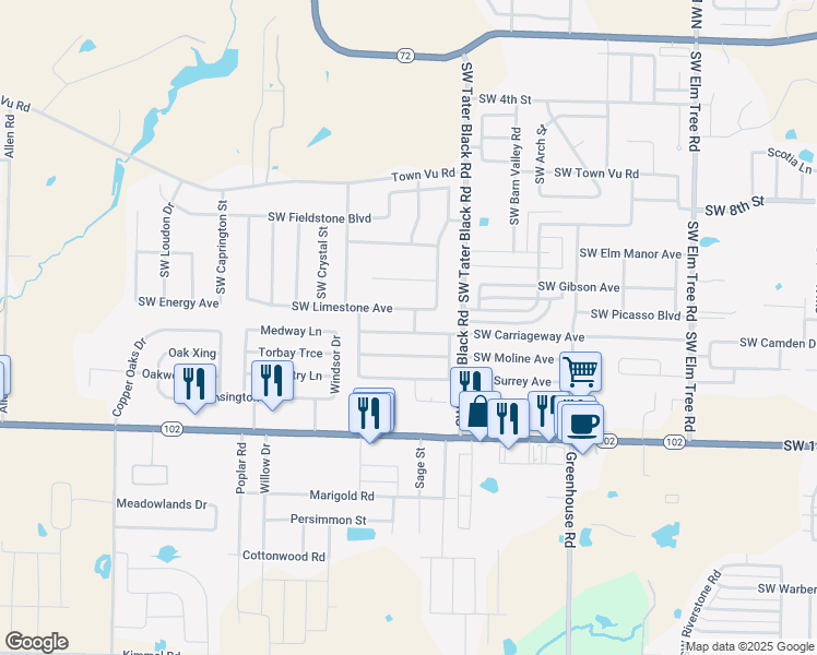 map of restaurants, bars, coffee shops, grocery stores, and more near 4200 Southwest Chapelstone Avenue in Bentonville
