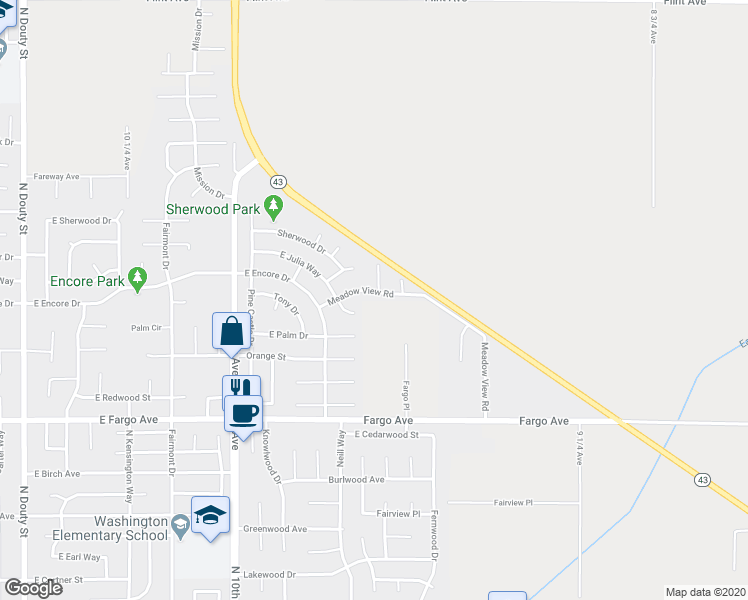 map of restaurants, bars, coffee shops, grocery stores, and more near 935 Meadow View Road in Hanford