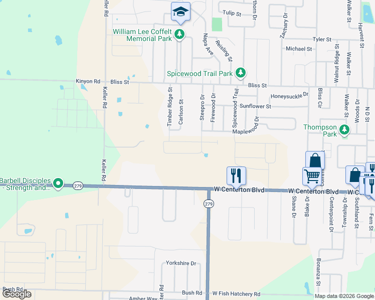 map of restaurants, bars, coffee shops, grocery stores, and more near 410 Carlson Street in Centerton