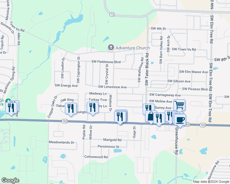 map of restaurants, bars, coffee shops, grocery stores, and more near 4302-2 Southwest Chapelstone Avenue in Bentonville