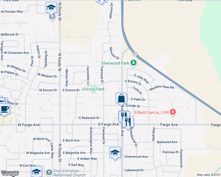 map of restaurants, bars, coffee shops, grocery stores, and more near 594 Diana Court in Hanford