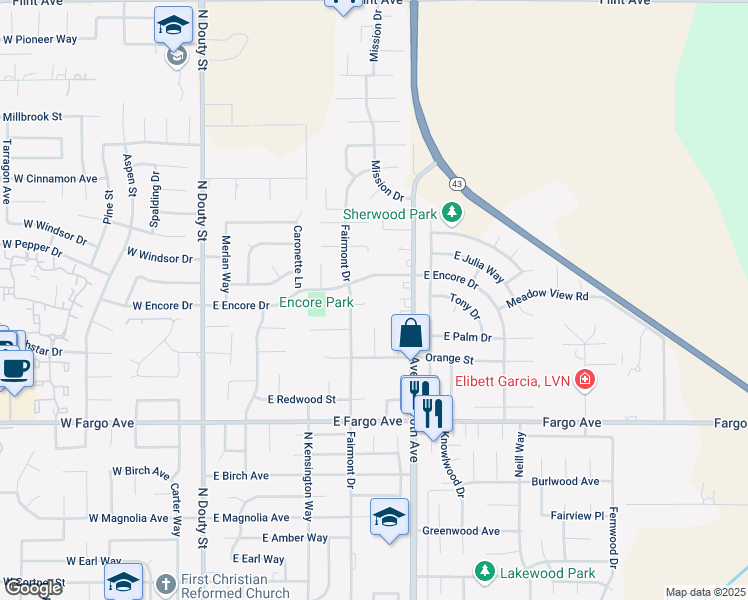 map of restaurants, bars, coffee shops, grocery stores, and more near 594 Diana Court in Hanford