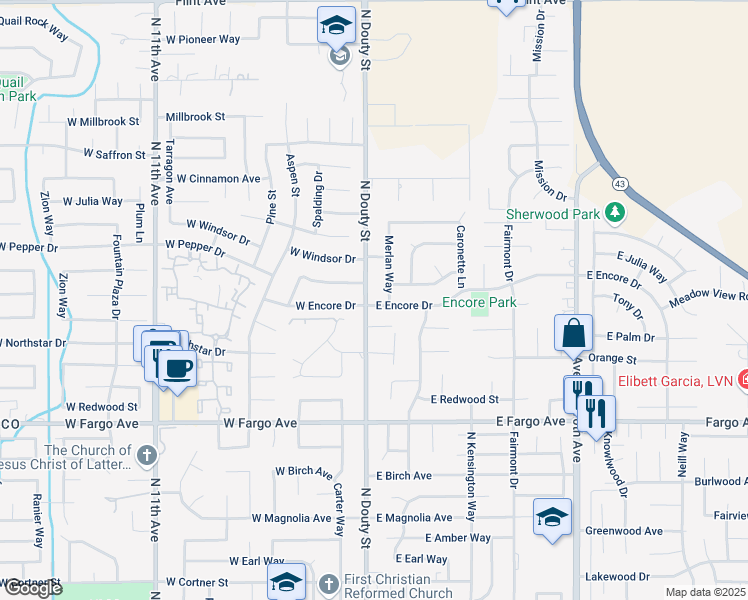 map of restaurants, bars, coffee shops, grocery stores, and more near 2801 North Douty Street in Hanford