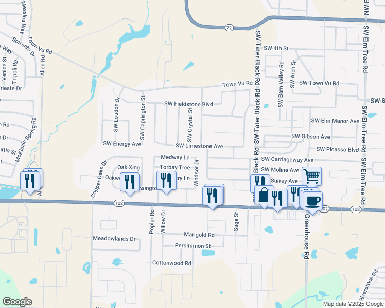 map of restaurants, bars, coffee shops, grocery stores, and more near 1271 Medway Lane in Centerton